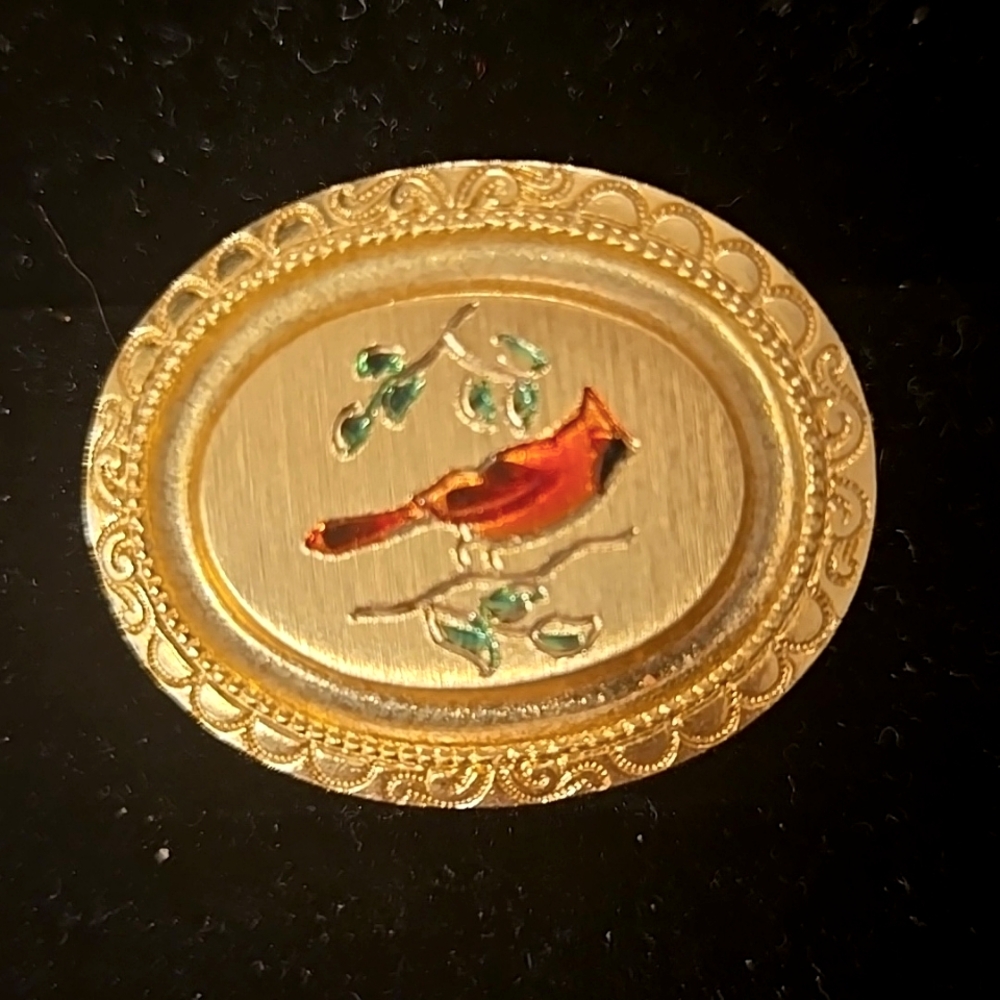 Vintage 14kt Gold Plated Oval Brooch with Red Cardinal ~ Christmas
